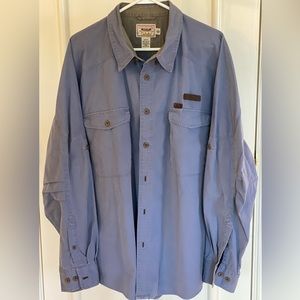 Cabela’s Men’s Shirt. Heavy Cotton. Leather Tabbed and Gussetted Pockets Blue.